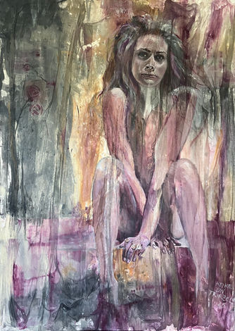 Painting “MATER DOLOROSA NOVA" by Heike Lin Triebel, 2025, a sorrowful woman emerging from textured crimson and purple layers, with faint rose patterns – symbolizing grief, beauty, and sacred memory.
