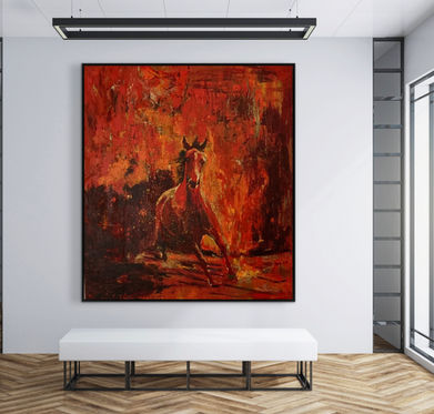 Painting by Heike Lin Triebel showing a single light-colored horse breaking out of a burning Australian forest, inspired by the 2019 bushfires, rendered in intense red and orange tones with expressive, textured brushwork as part of the Wild Horses series