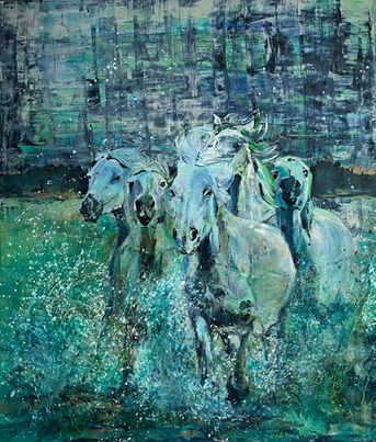 WILD HORSES IV (2020) by Heike Lin Triebel, four light-colored Camargue horses in close motion, layered acrylic, gauze and oxidation between memory and dissolution.