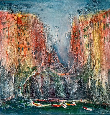 
Textured abstract landscape painting resembling a coastal cliff scene, with layered acrylic and marble dust, evoking erosion, water and Mediterranean architecture