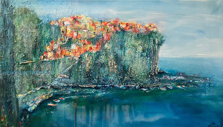 Heike Lin Triebel, “CINQUE SCAPES III”, 2024, 120 × 80 cm, acrylic and marble dust on canvas. A vivid coastal view of Cinque Terre with rich textures and layered tones.