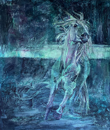 NIGHT BORN, 2024, 120 × 140 cm, acrylic, oxidation pigments, and gauze on canvas. A majestic white horse emerges from the darkness, illuminated by ethereal blue tones. The painting captures a sense of raw energy, freedom, and mystery, blending expressive brushstrokes with rich textures to create a dreamlike atmosphere.NIGHT BORN, 2024, 120 × 140 cm, Acryl, Oxidationspigmente und Gaze auf Leinwand. Ein majestätisches weißes Pferd taucht aus der Dunkelheit auf, von mystischen Blautönen umhüllt. Das Gemälde vermittelt eine kraftvolle Dynamik, Freiheit und Geheimnis, indem es expressive Pinselstriche mit vielschichtiger Textur zu einer traumhaften Szenerie vereint.