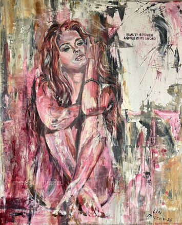 Grace of the Virgin, 110 × 90 cm, acrylic on canvas. A powerful and expressive artwork depicting a woman with an intense gaze, surrounded by textured brushstrokes in warm and earthy tones. The composition blends raw emotion with abstract elements, inviting the viewer to explore themes of femininity, strength, and spirituality.

Grace of the Virgin, 110 × 90 cm, Acryl auf Leinwand. Ein kraftvolles und expressives Kunstwerk, das eine Frau mit intensivem Blick zeigt, umgeben von strukturierten Pinselstrichen in warmen, erdigen Farbtönen. Die Komposition verbindet rohe Emotionen mit abstrakten Elementen und lädt den Betrachter ein, Themen wie Weiblichkeit, Stärke und Spiritualität zu erkunden.