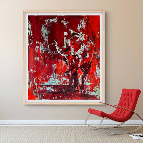 Heike Lin Triebel, „TORO“, 2020, 120 × 140 cm, Acryl, Firnis und Mull auf Leinwand. Ein kraftvoller Stier, eingebettet in ein intensives, rotes Farbgeflecht mit dezenten Festattributen.