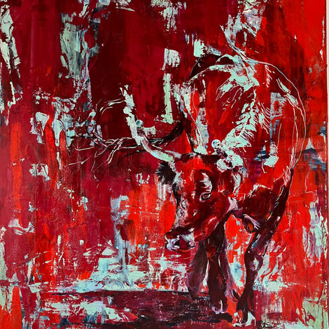 Heike Lin Triebel, “TORO”, 2020, 120 × 140 cm, acrylic, varnish, and gauze on canvas. A red-toned bull with subtle ceremonial details, standing in a dramatic, painterly field.