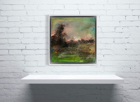 Heike Lin Triebel, „MISTY HORIZONS III“, 2024, 30 × 30 cm, Acryl, Kreidemehl und Mehl auf Leinwand. Zartfarbiges, strukturiertes Landschaftsbild zwischen Licht und Auflösung.