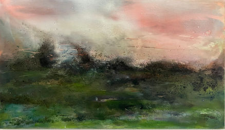 MISTY HORIZONS I, 2024,  120 × 70 cm, acrylic and ash on canvas. A moody, atmospheric landscape painting capturing the contrast between dark, stormy terrain and a soft, glowing horizon. The interplay of textures and blended brushstrokes creates a sense of movement, evoking the mystery of distant, mist-covered horizons.MISTY HORIZONS I, 2024, 120 × 70 cm, Acryl und Asche auf Leinwand. Ein stimmungsvolles, atmosphärisches Landschaftsgemälde, das den Kontrast zwischen dunkler, stürmischer Erde und einem sanft leuchtenden Horizont einfängt. Die Mischung aus Texturen und weichen Pinselstrichen erzeugt eine Dynamik, die die geheimnisvolle Weite ferner, nebelverhangener Horizonte spürbar macht.
