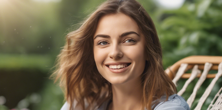 woman in garden on lawn chair, in casual clothes, happy eyes open looking at camera, shoul