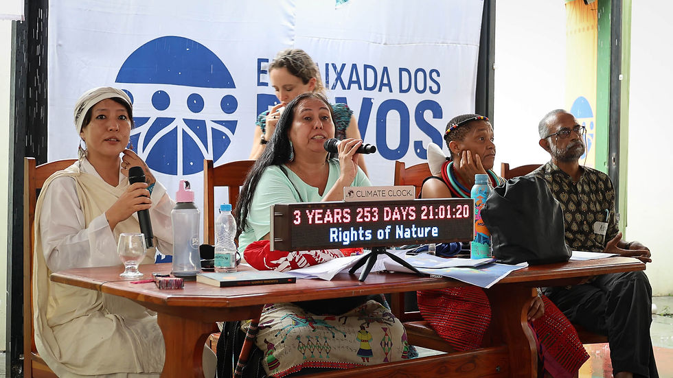Julia Horinek (Ponca Nation), Global North Organizer for the GARN Indigenous Council, leads an event during the GARN Indigenous Council Gathering on November 10 held parallel to COP30 in Belém, Brazil. Photo credit: Katherine Quaid / WECAN
