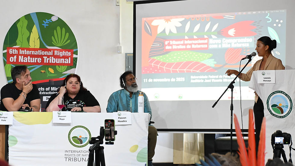 Leonela Moncayo, 15-year-old from the Ecuadorian Amazon, who challenged the Ministries of Energy and Environment for allowing gas flares to burn for decades, speaks out at the 6th International Rights of Nature Tribunal held on November 11 during COP30 in Belém, Brazil. Photo Credit: Sophia Lovato / WECAN