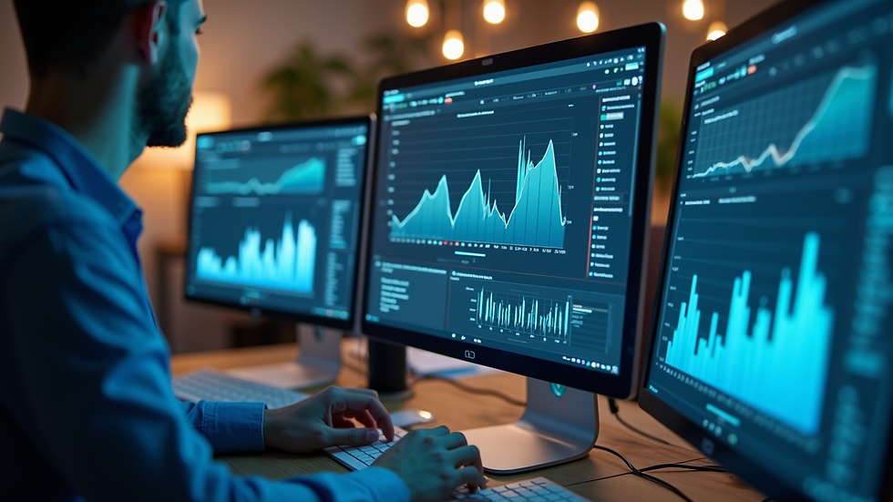 Eye-level view of a data analyst working on a computer with graphs and charts