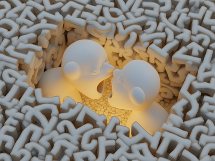 Ceramic mixed media sculpture titled The Cacophony from 2026 featuring two small white figures with open mouths surrounded by a dense field of letters