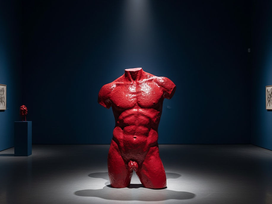 Vibrant red anatomical torso sculpture titled REDD made of Ciment Fondu from 2022 displayed under a spotlight in a gallery