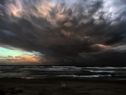 Atmospheric oil on canvas seascape titled Cnut from 2024 featuring a solitary white chair on a dark beach facing a turbulent sea under a massive swirling gray storm sky with a hint of light on the horizon