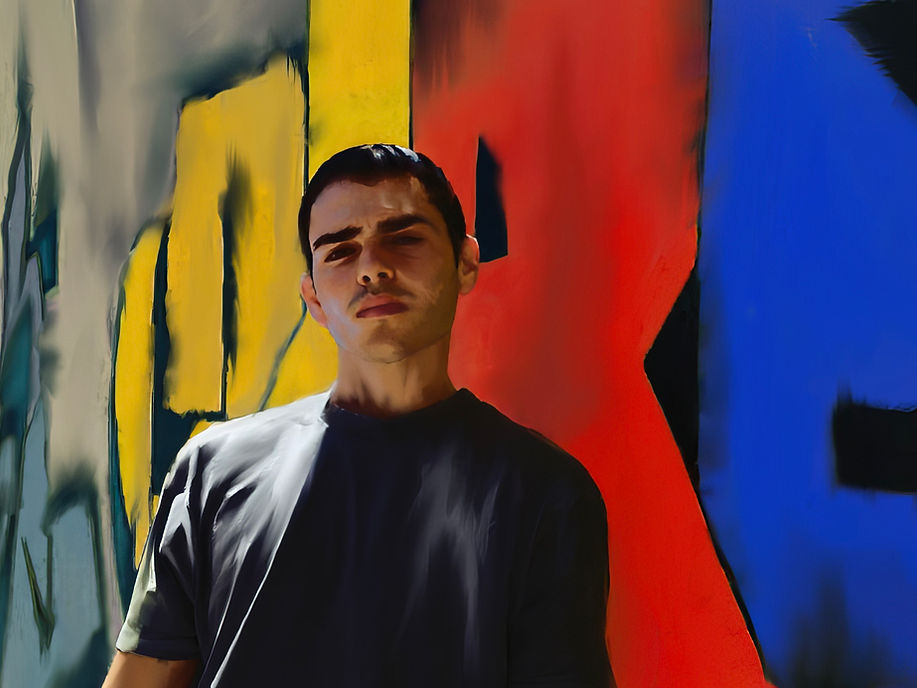 Oil on canvas portrait painting titled Jonathan from 2024 featuring a young man looking directly at the viewer set against a bold abstract background of yellow red and blue