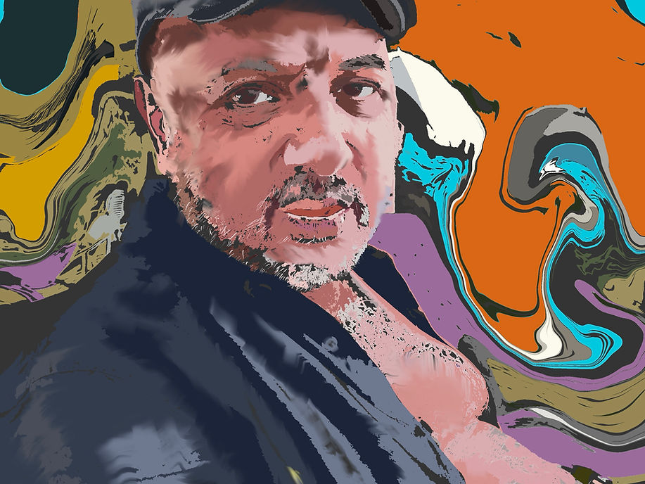 Digital painting portrait titled Ring of Confidence from 2025 featuring a man with a beard and flat cap against an abstract background of swirling orange yellow and blue colors