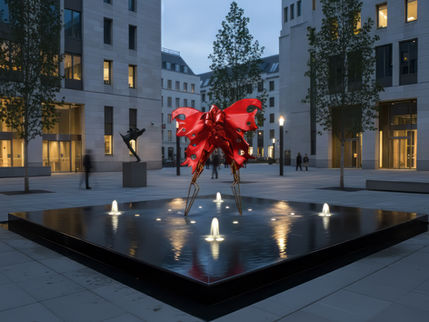 "Crimson Metamorphosis" is a striking public installation that commands attention through its bold color and fluid, organic silhouette. Rising from a geometric black reflecting pool, the sculpture's polished red surfaces mimic the delicate structure of a butterfly while maintaining a sharp, industrial edge. The piece serves as a vibrant focal point in the urban landscape, creating a dynamic contrast between the surrounding minimalist architecture and the lively, constant movement of the fountain's illuminated jets.