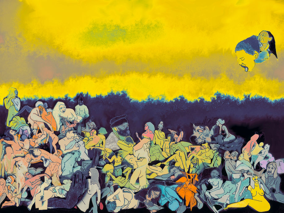 Vibrant mixed media painting titled Chaos from 2025 featuring a dense crowd of expressive figures in various poses beneath a dramatic yellow and orange sky