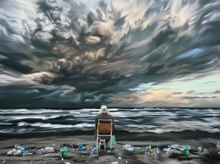 Atmospheric digital seascape titled Detritus from 2025 featuring a lone figure in a white hat sitting in a chair on a beach strewn with plastic litter facing a turbulent sea under a heavy dramatic storm sky