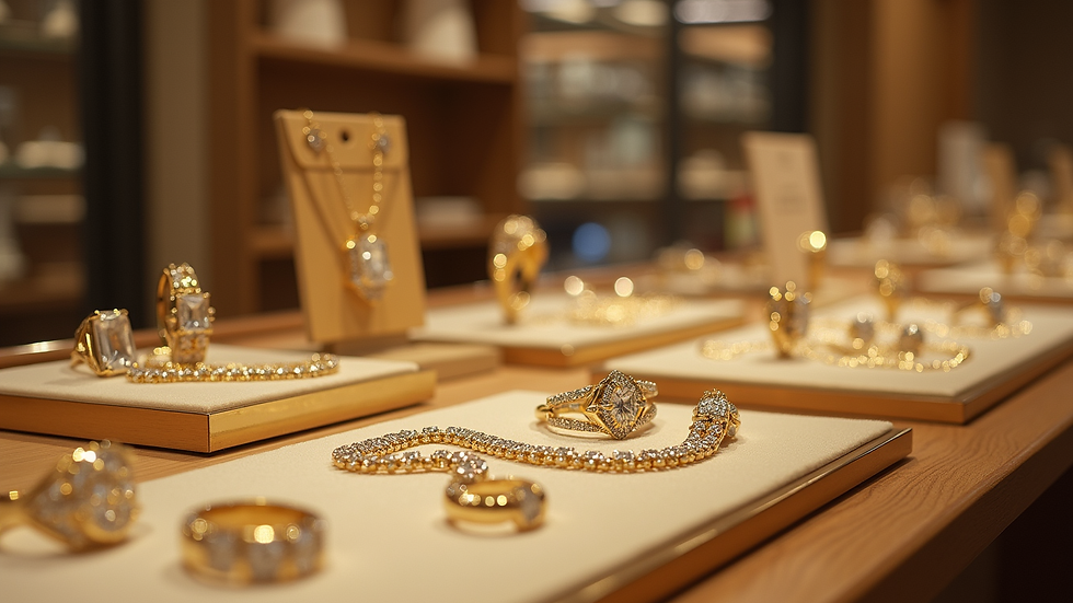 Eye-level view of a jewelry store counter with gold and diamond items displayed
