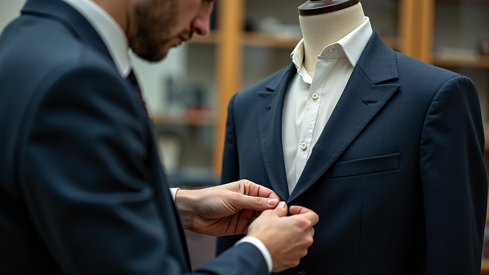 Close-up view of a tailor sewing a suit jacket on a mannequin