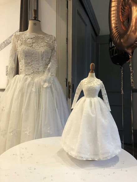 Miniature, lace princess wedding dress replica