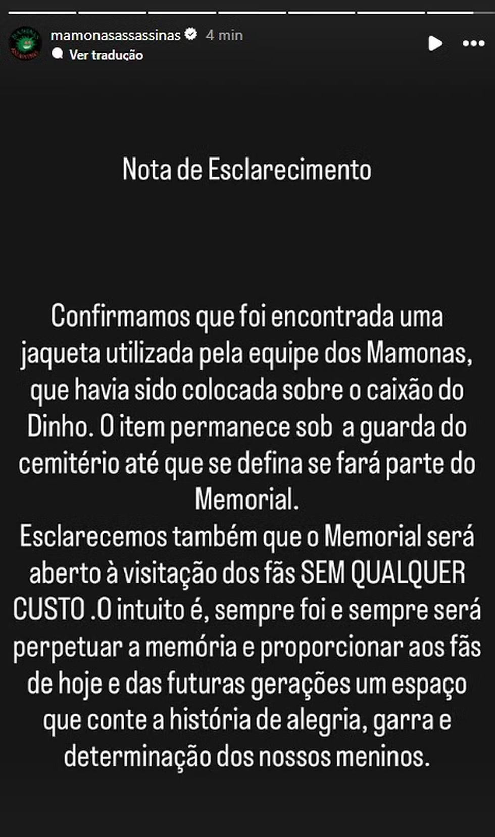 Nota de esclarecimento sobre jaqueta encontrada durante exumação — Foto: Reprodução/Instagram