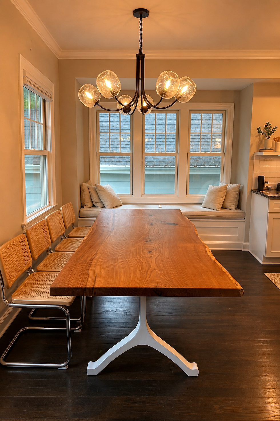 White oak dining table with bench seating in Sea Cliff, NY