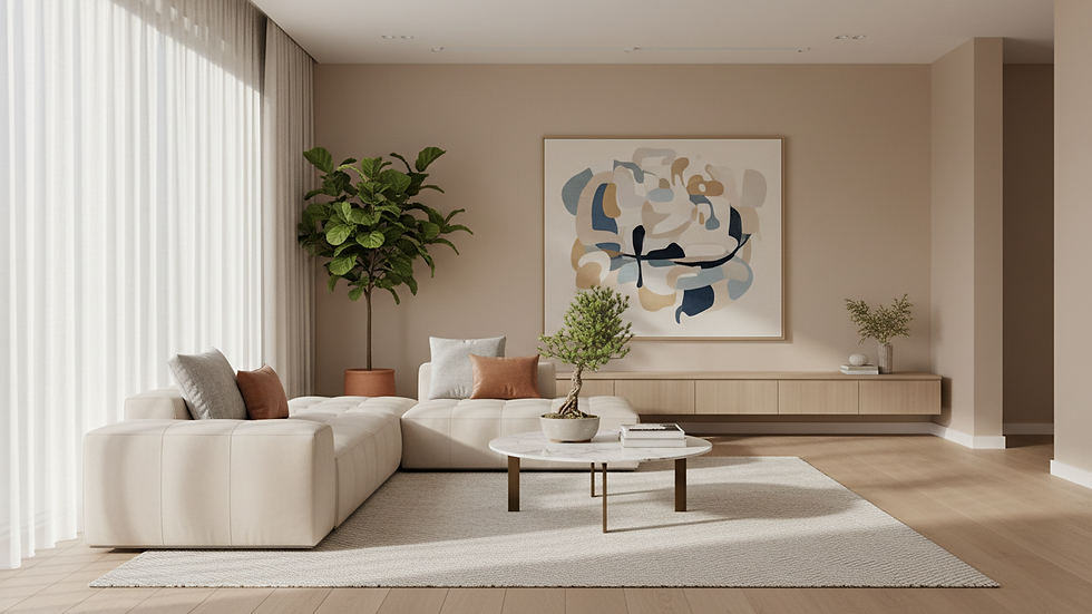 Eye-level view of a modern living room with minimalist furniture and natural light