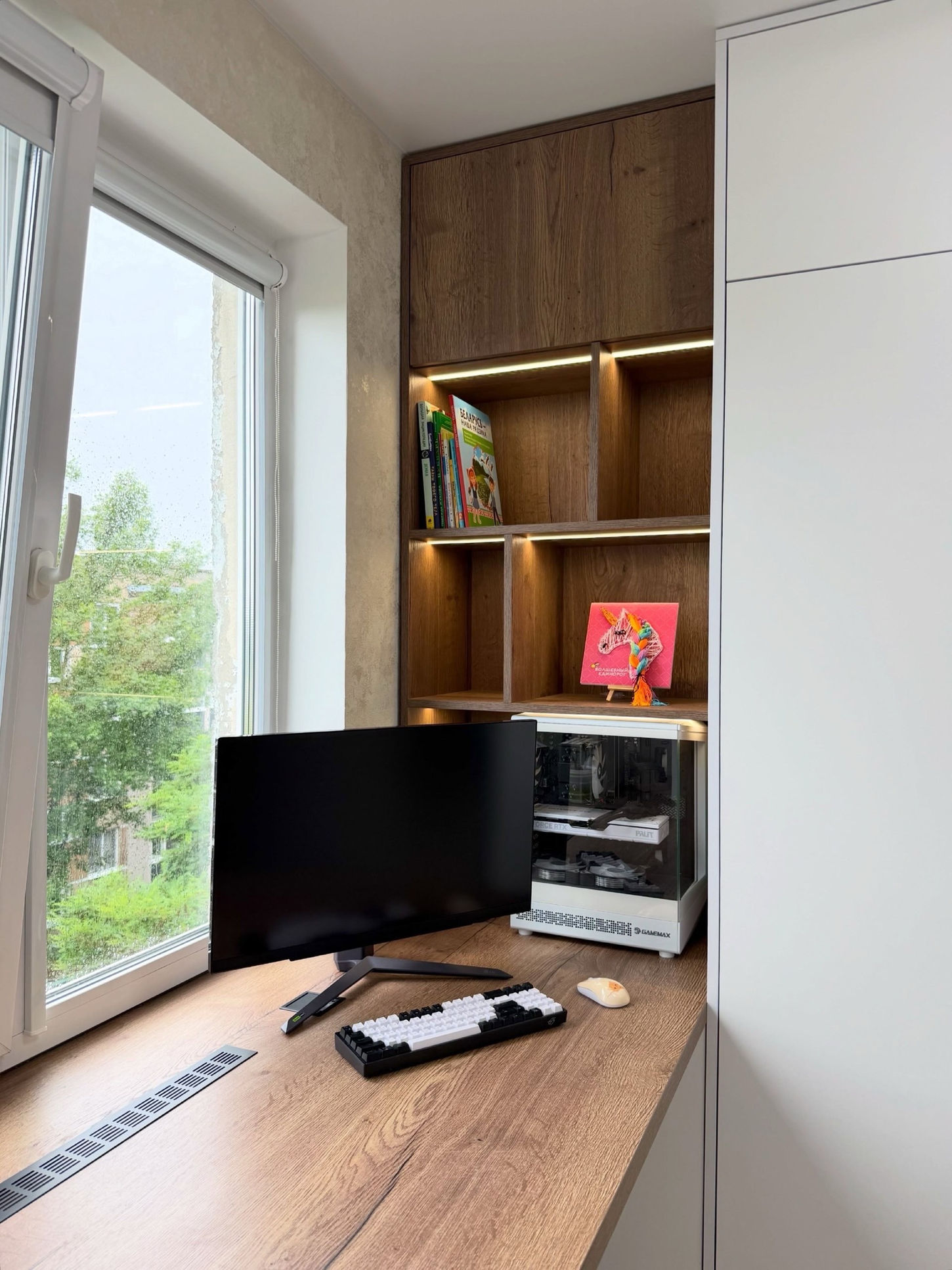 Bahçe manzaralı pencere yanında monitörlü masa ve aydınlatmalı raflar | Beycoast