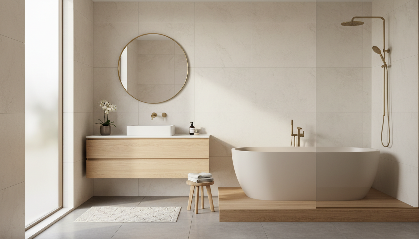 Yuvarlak ayna, ahşap lavabo tezgâhı ve beyaz küvetli açık renk banyo | Beycoast