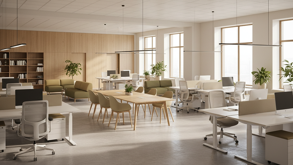 Eye-level view of modern commercial office interior with ergonomic furniture