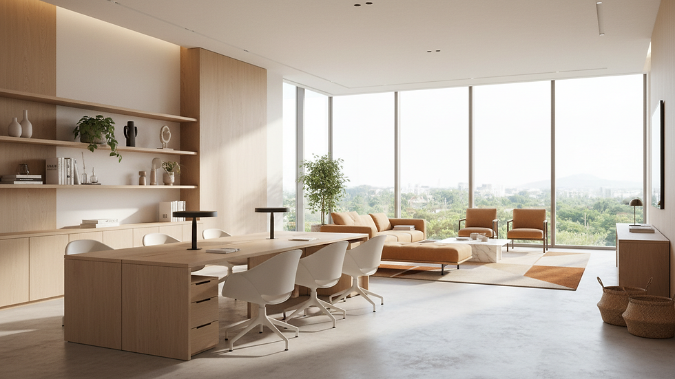 Eye-level view of a modern office interior with sleek furniture and natural lighting