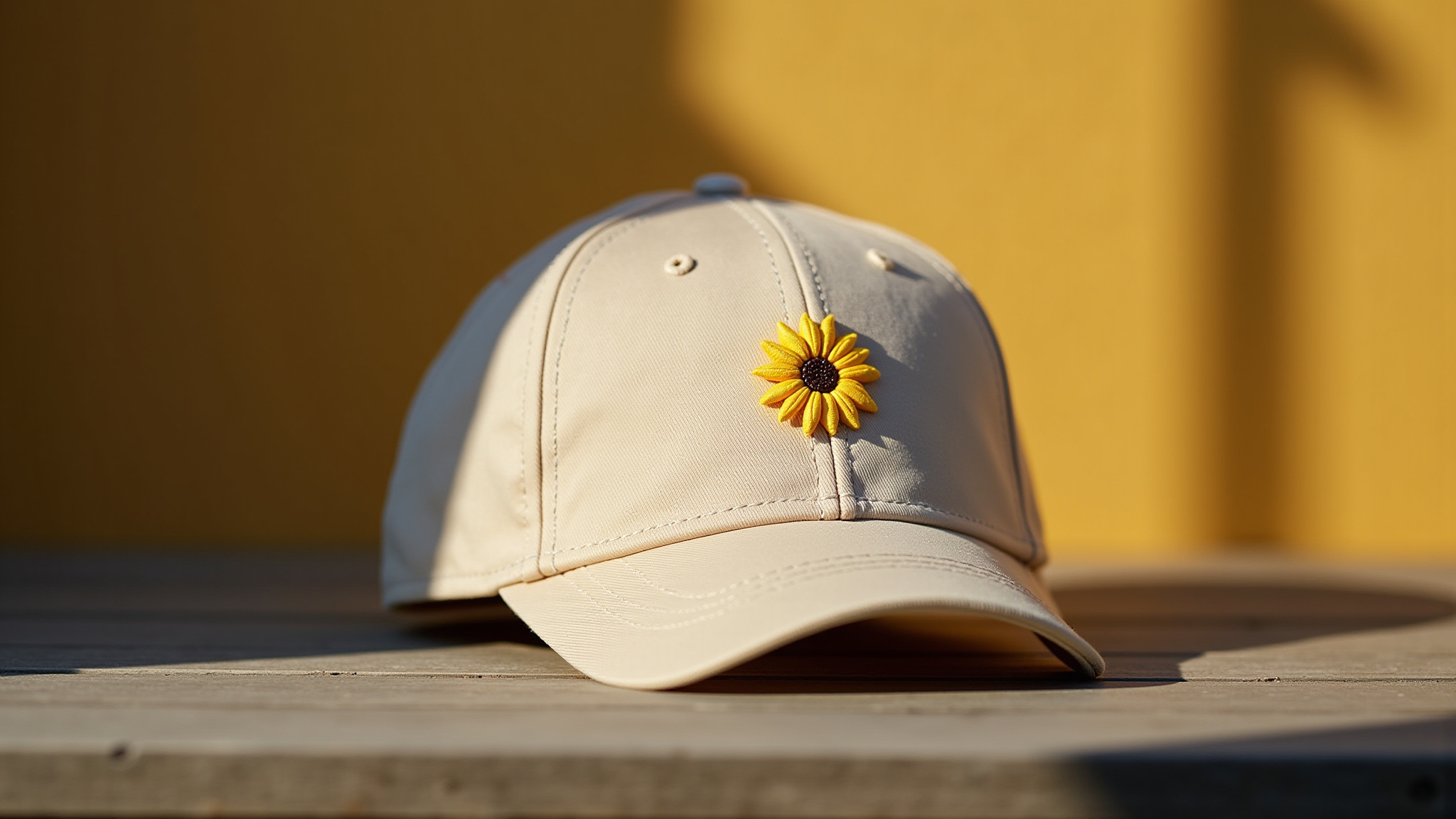 A light beige baseball cap rests on a wooden surface with a vivid yellow sunflower emblem centered on the front panel. The cap is illuminated by warm sunlight, with a soft golden wall in the background casting gentle shadows.

