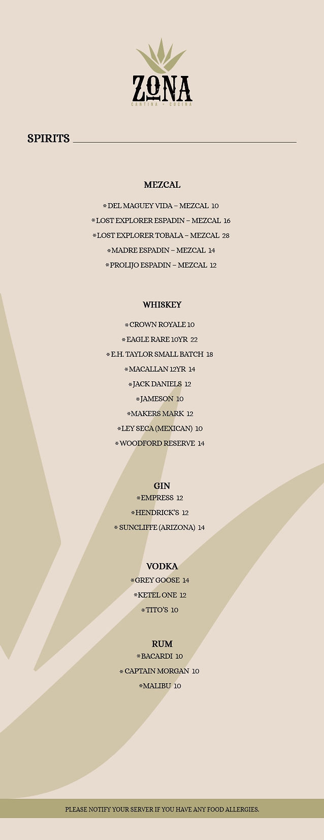 Mezcal, whiskey, gin, vokka, rum