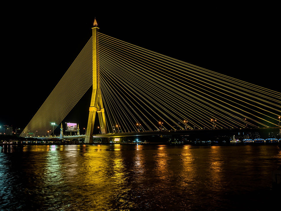 A professional long-exposure night photograph of the Rama VIII Bridge in Bangkok, with its golden cables brilliantly illuminated and reflecting on the dark waters of the Chao Phraya River.