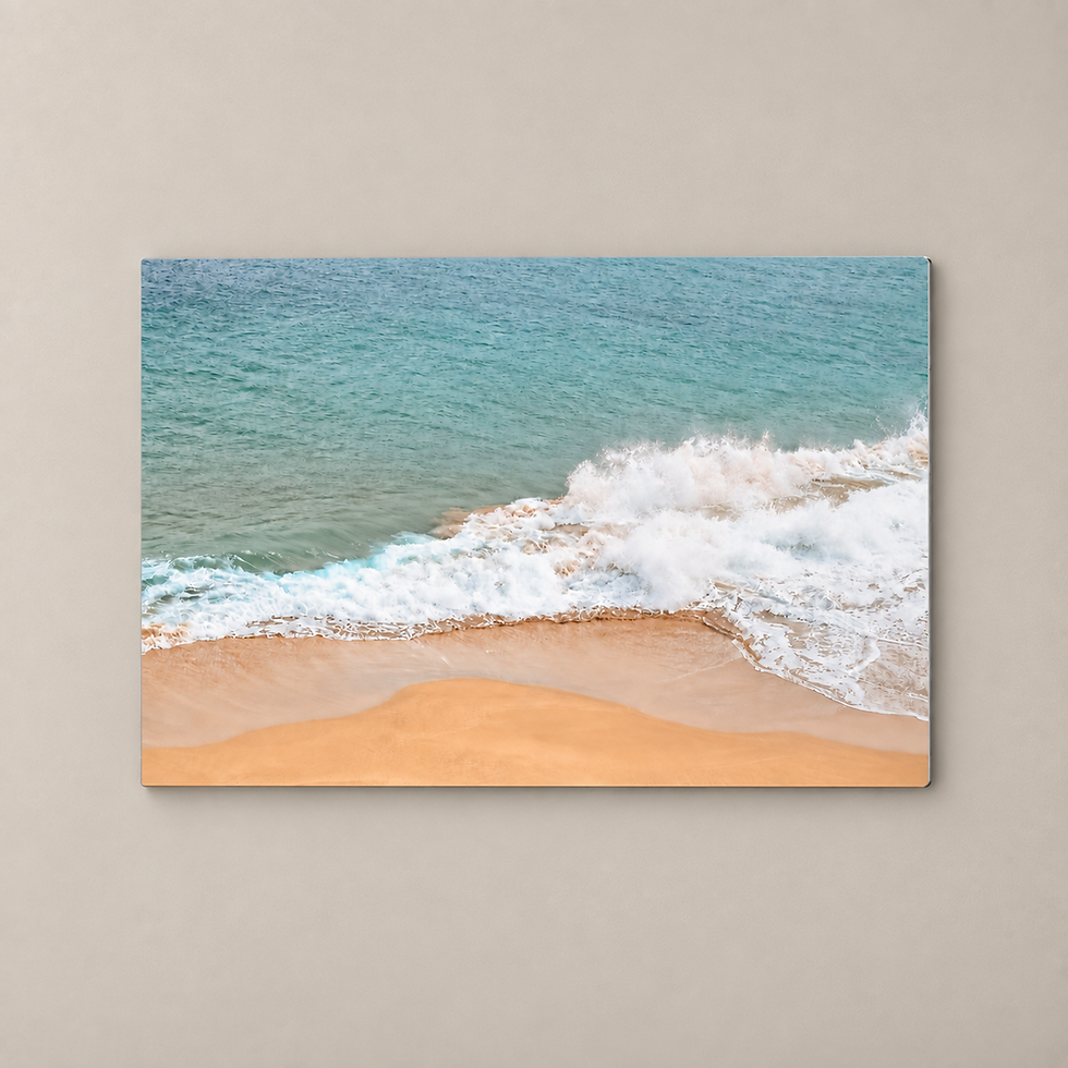 Pastel coastal fine art photograph on ChromaLuxe aluminium with turquoise sea and warm sand.