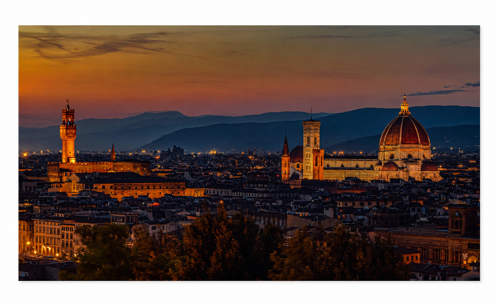 Florence skyline at sunset with the Duomo and Palazzo Vecchio, panoramic fine art photography print