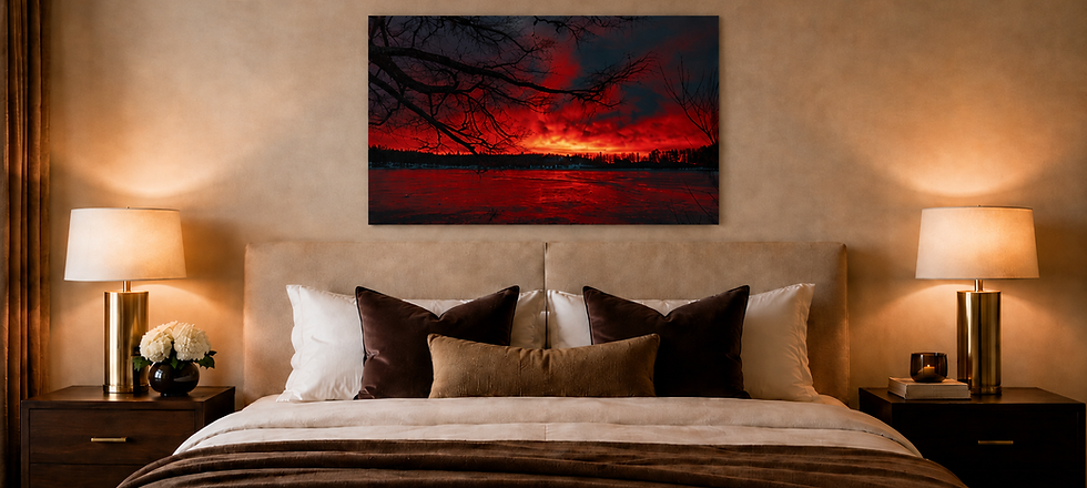 Red sunset fine art photograph displayed above a sofa in a modern living room