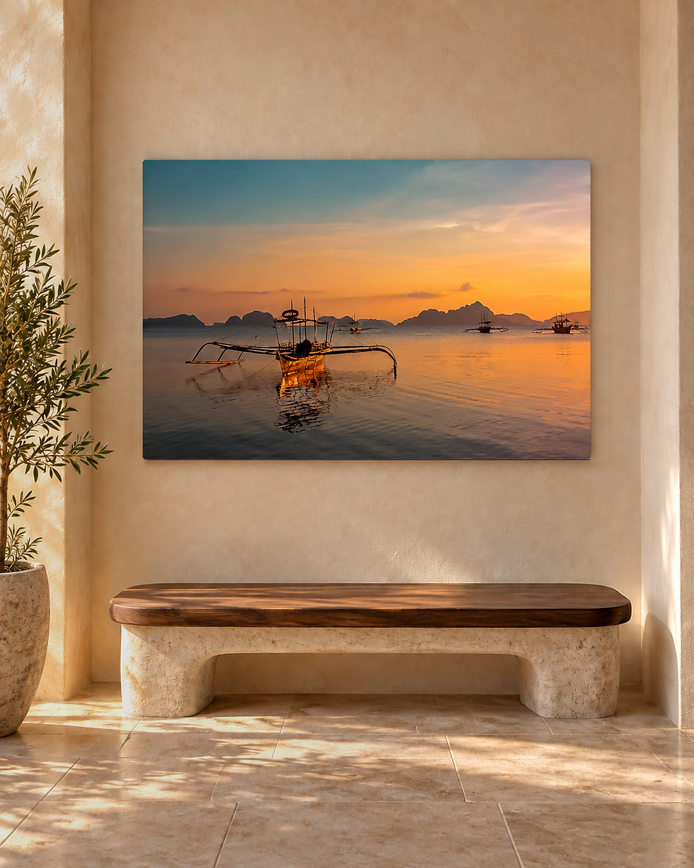 Ice Sun fine art landscape photograph on ChromaLuxe aluminium in a luxury spa thermal suite.