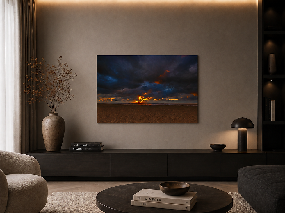 Panoramic sunset fine art print displayed above a sofa in a contemporary living room