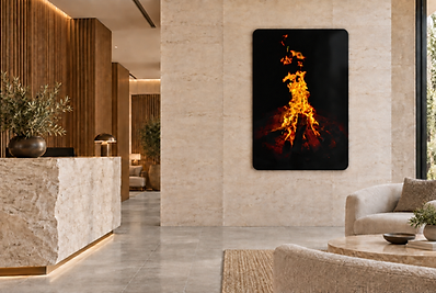 Rounded-corner ChromaLuxe print of Fire displayed in a spa interior