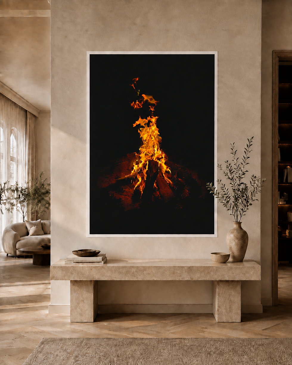 Fire fine art print displayed above a sideboard in a contemporary neutral interior