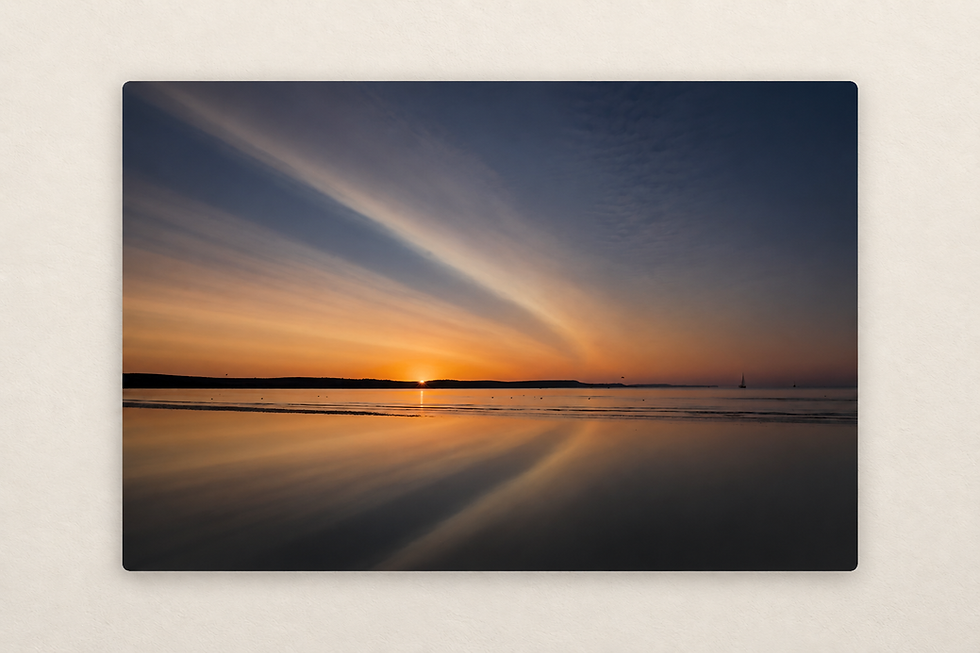 Colourful Sunrise ChromaLuxe aluminum print showing a glowing sunrise over Weymouth Beach with warm reflections on the sea.