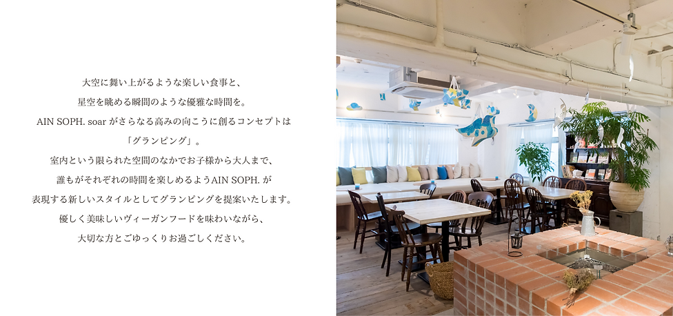 大空に舞い上がるような楽しい食事と、 星空を眺める瞬間のような優雅な時間を。 AIN SOPH. soar コンセプトは「グラピング」。