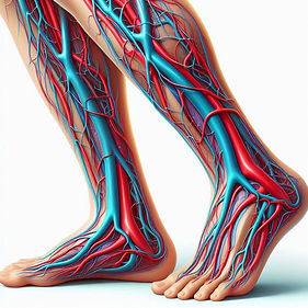 Colorful and detailed medical illustration of the arteries and veins of the human leg, sho