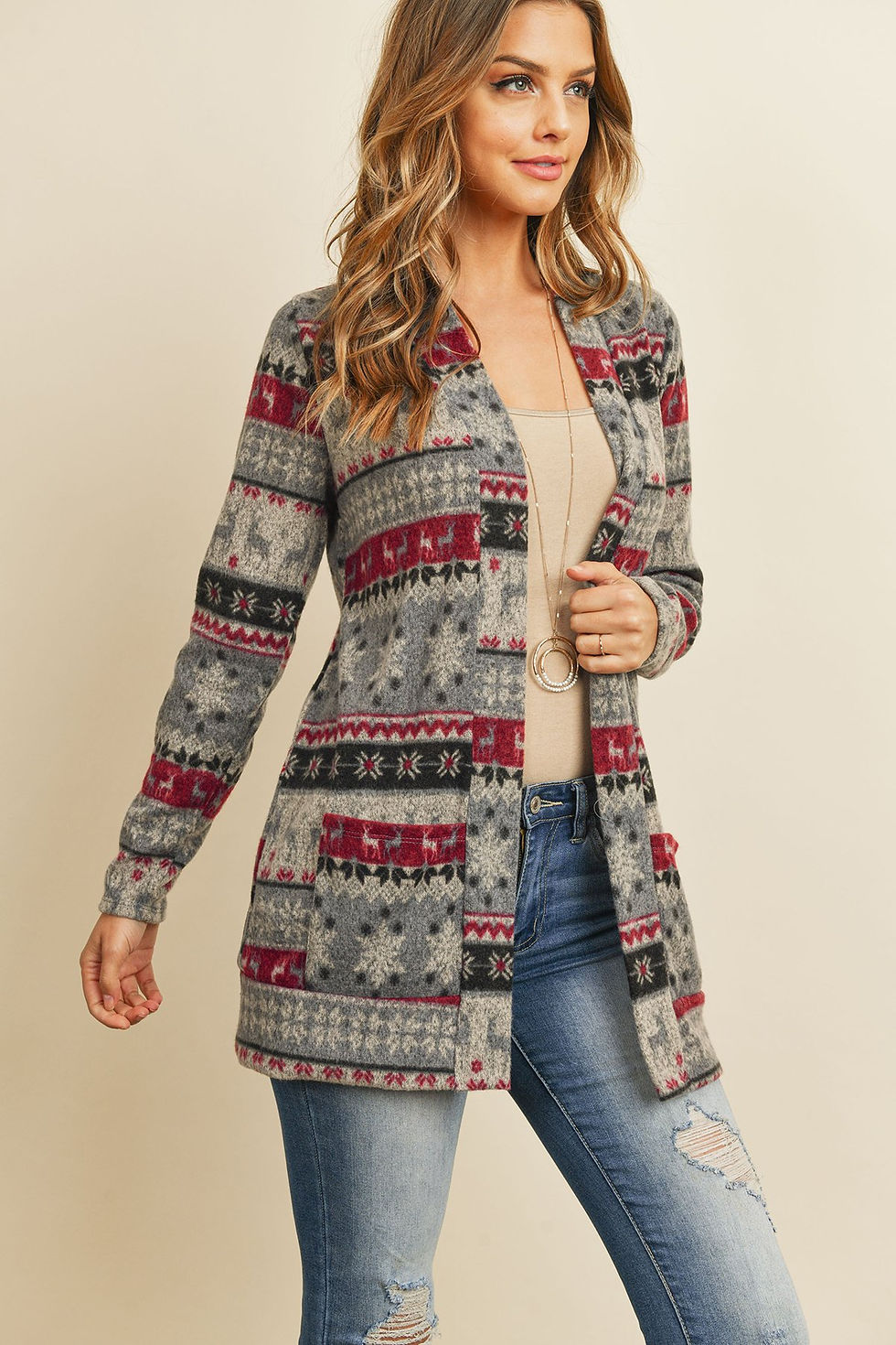 Thumbnail: Print Long Sleeved Front Pocket Open Cardigan