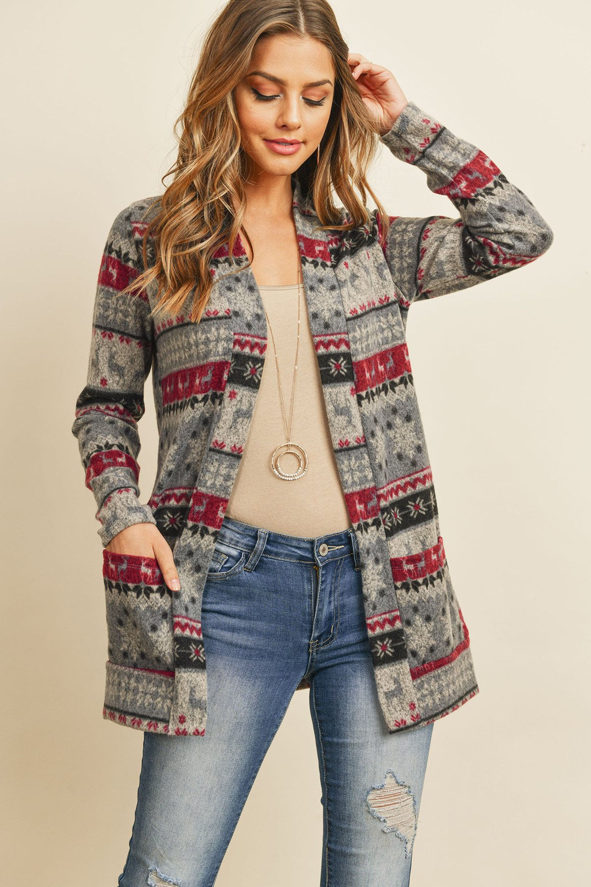 Print Long Sleeved Front Pocket Open Cardigan