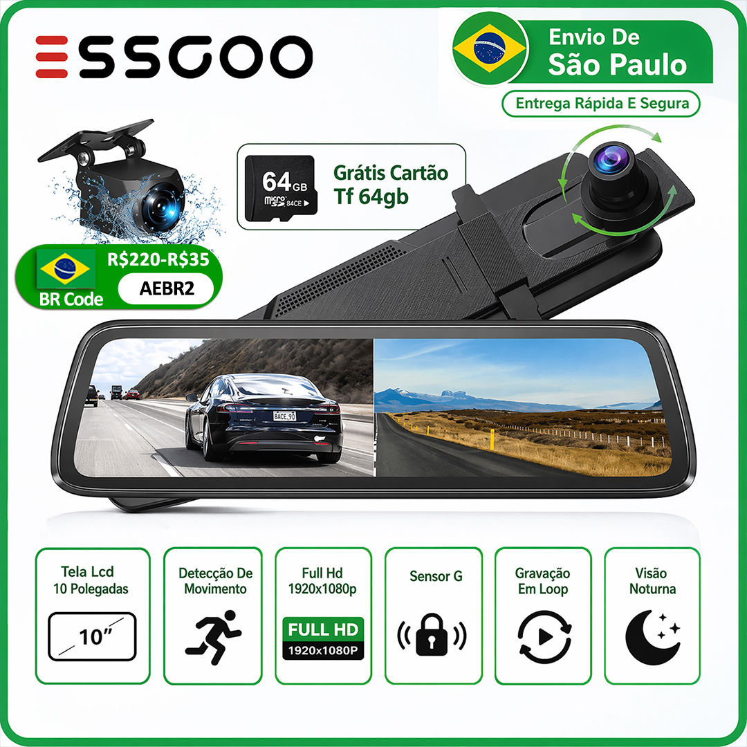 ESSGOO 10" Dash Cam 1920*1080P Car Dvr Touch Screen Video GPS WIFI AUX Recorder