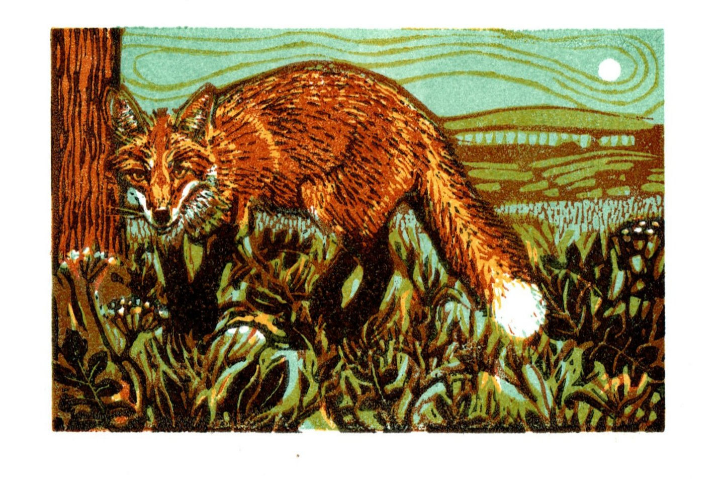 'Listen says Fox' lino print